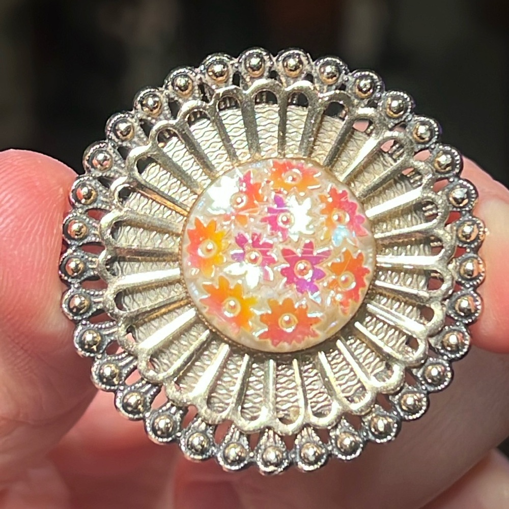Vintage West Germany silver flower iridescent lucite fur clip / scarf clip